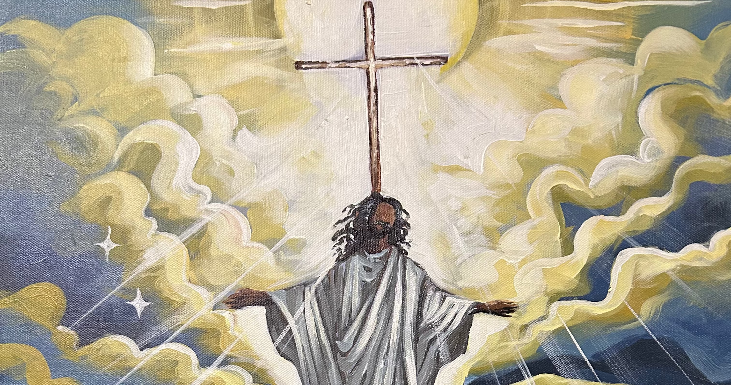 Painting of a figure holding a cross amidst clouds and light beams